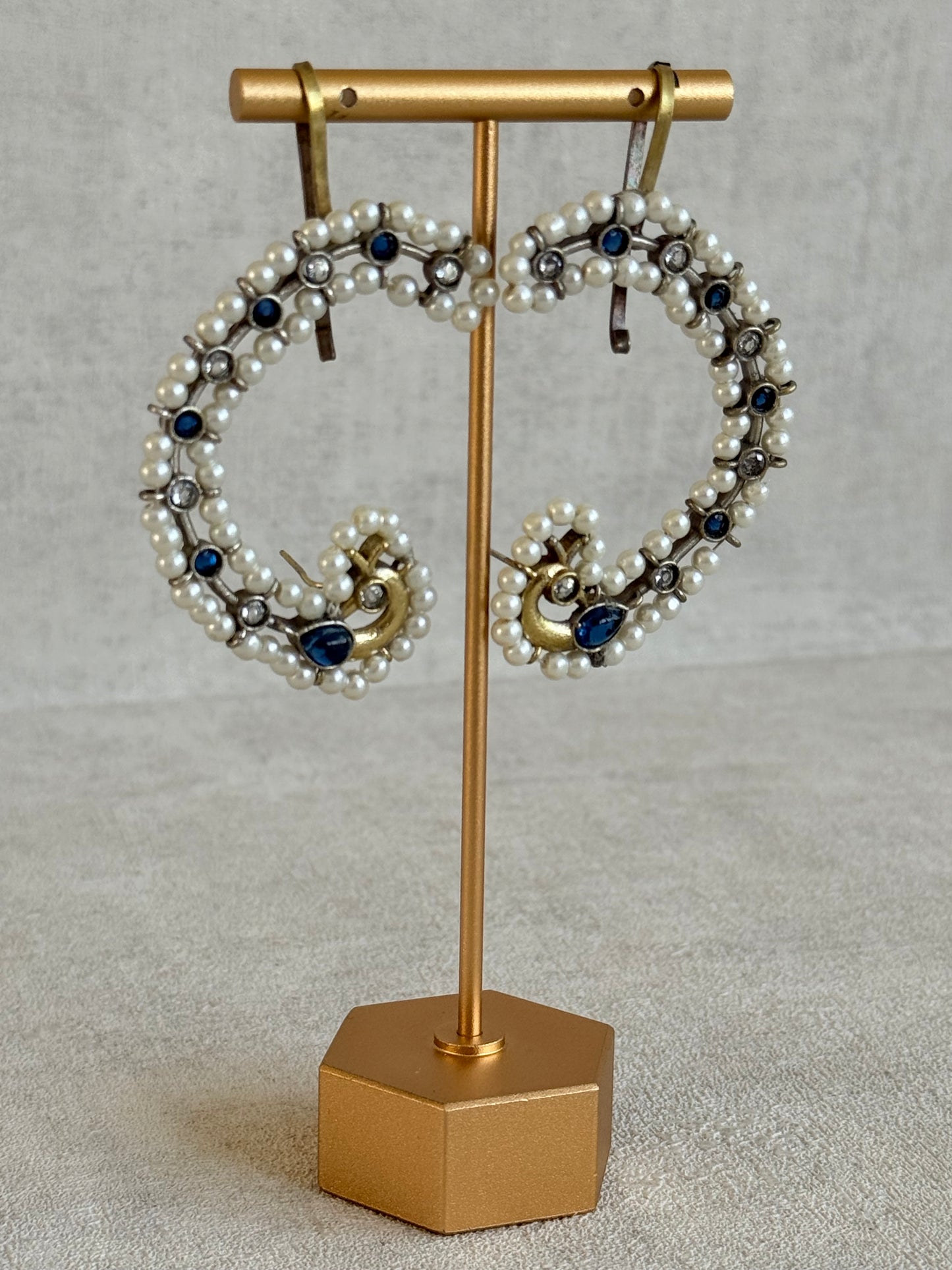 Ayura Designs Nupur Earrings – Pearl Ear Climbers with Sapphire Blue Stones & Pearl Detailing