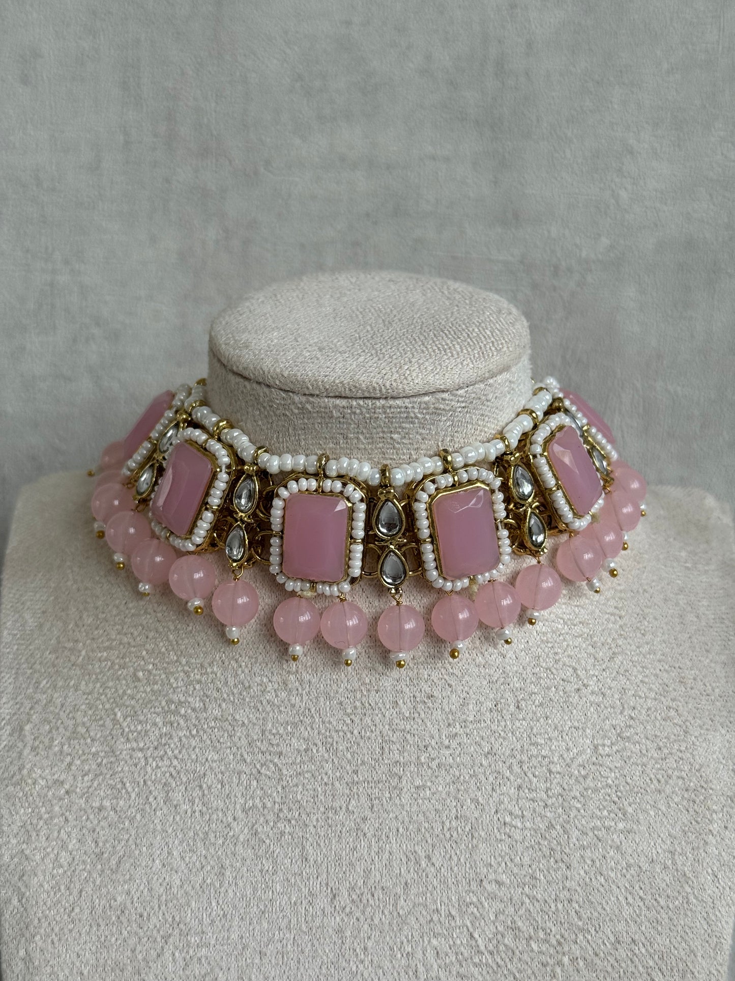 Ayura Designs Samaya Set with Jhumkis & Tikka – Blush Pink Stones, Kundan Detailing & Gold Finish