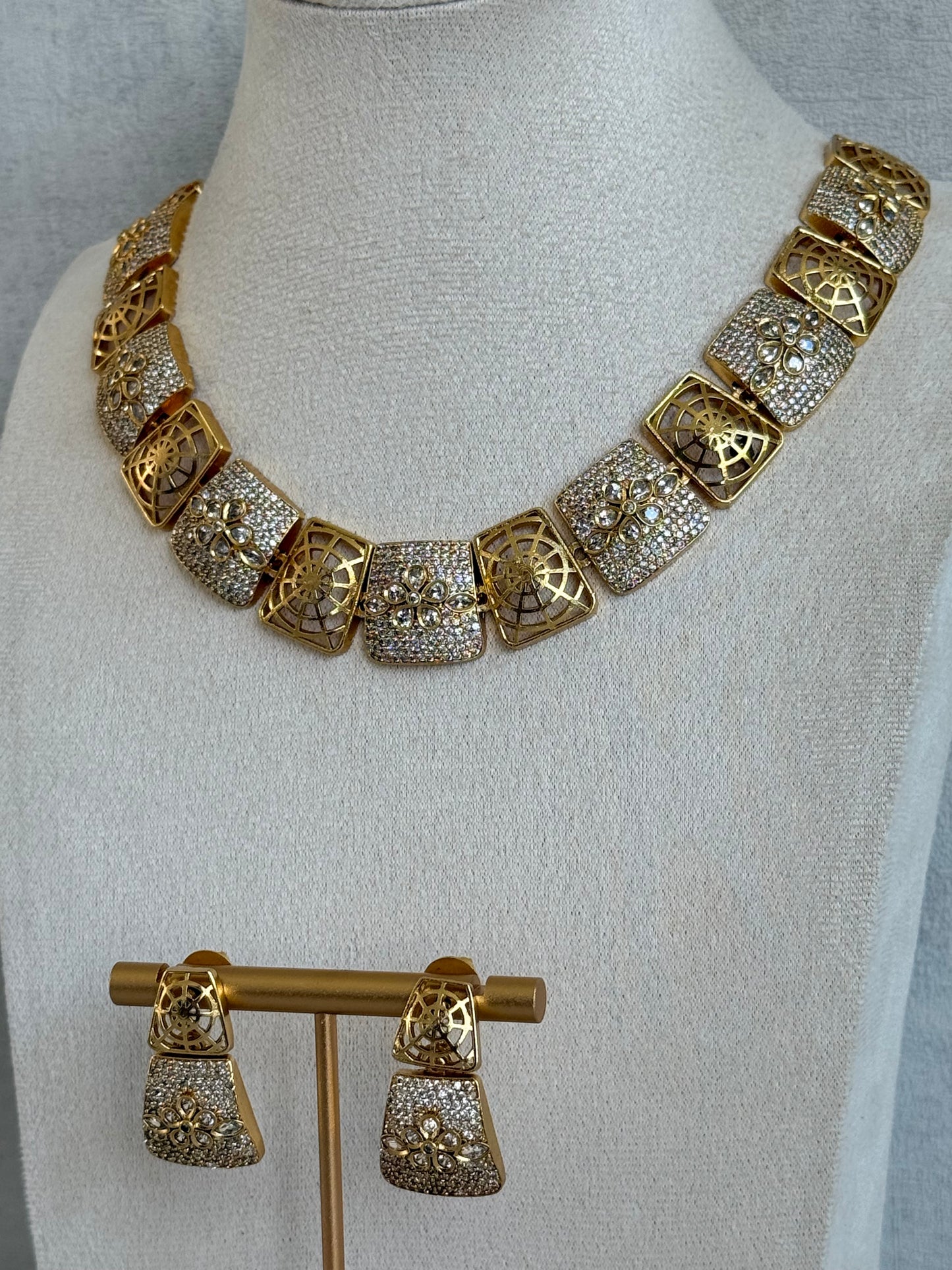 Ayura Designs Vibha Necklace & Stud Earrings Set – Gold Floral Statement Design with Crystal Detailing