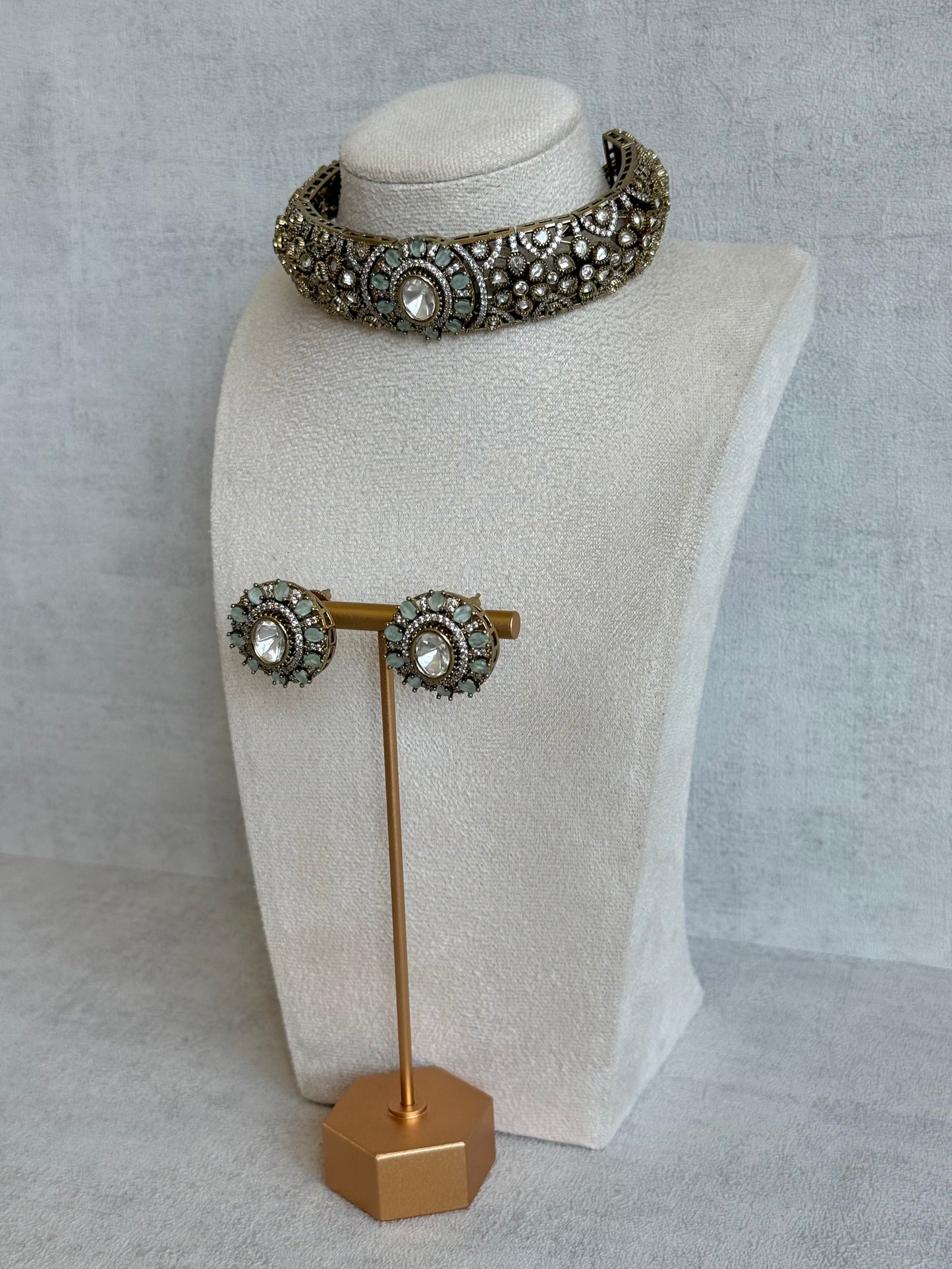 Ayura Designs Genevieve Choker Set with Studs – Mint Crystal Kundan in Antique Gold
