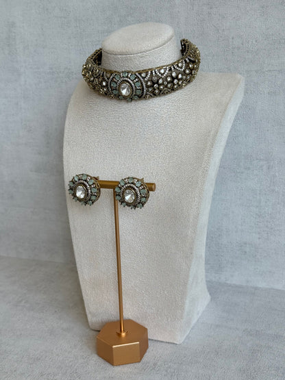 Ayura Designs Genevieve Choker Set with Studs – Mint Crystal Kundan in Antique Gold