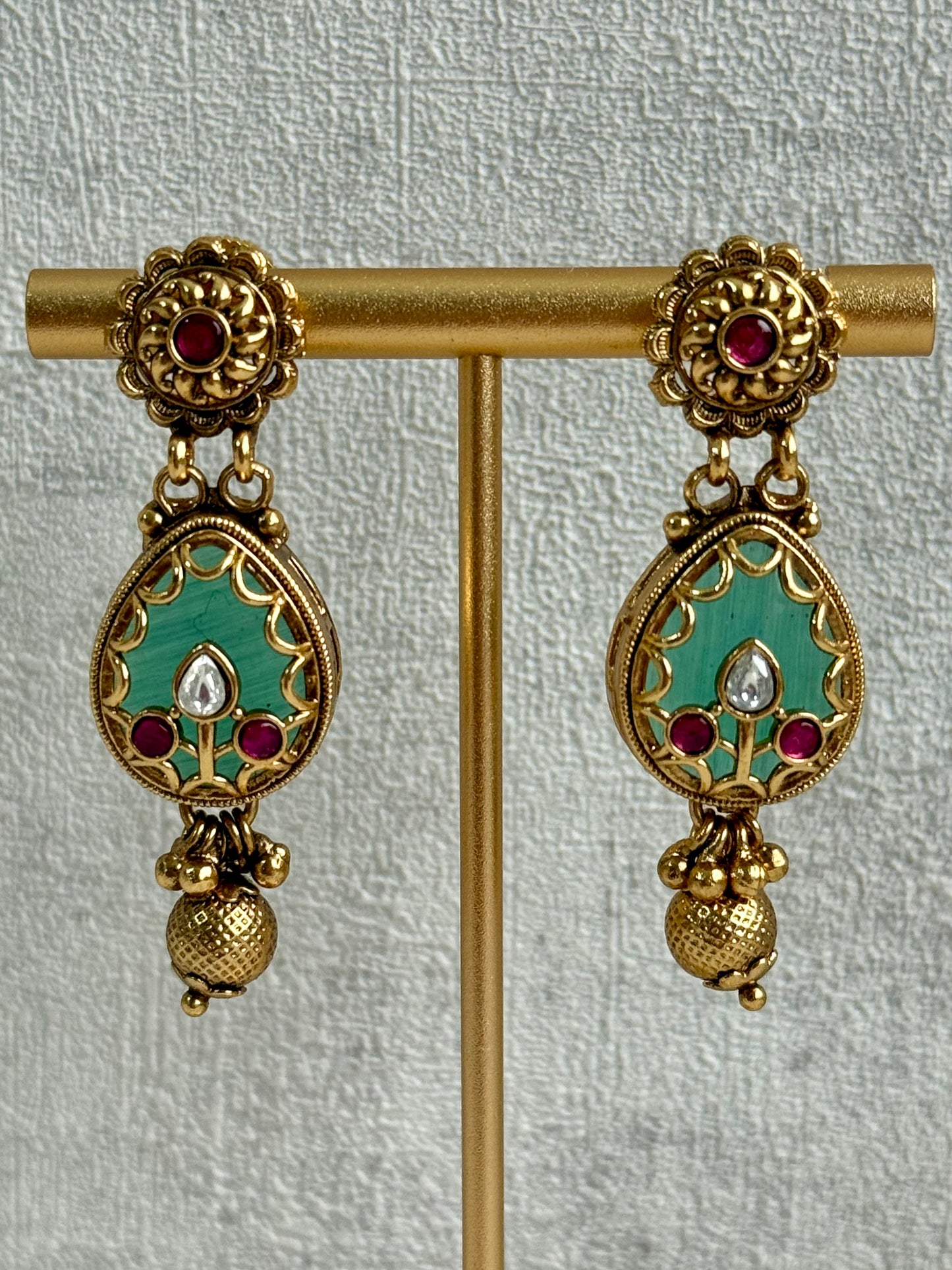 Ayura Designs Ishani Set – Necklace & Earrings with Antique Gold Finish, Pistachio Enamel, Ruby & Polki Detailing