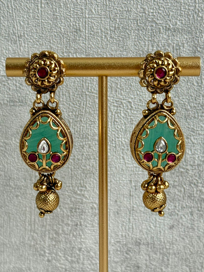 Ayura Designs Ishani Set – Necklace & Earrings with Antique Gold Finish, Pistachio Enamel, Ruby & Polki Detailing