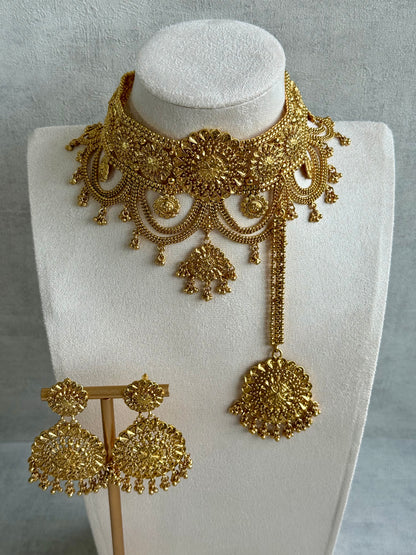 Ayura Designs Sahiban Set – Antique Gold Choker, Earrings & Tikka with Textured Filigree Motifs