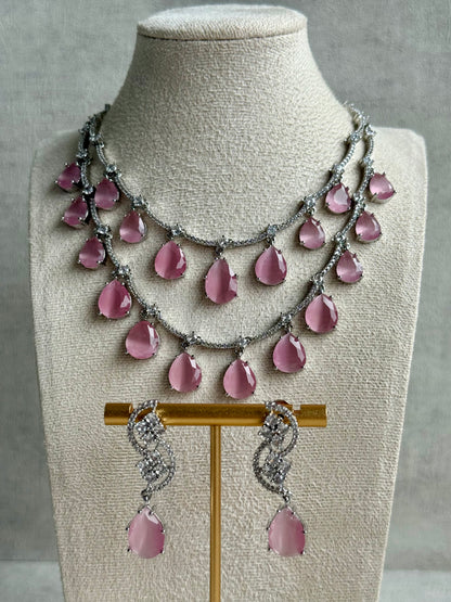 Ayura Designs Nida Set with Necklace & Earrings – Amethyst Purple Stones, Diamond-Cut Detailing & Silver Finish