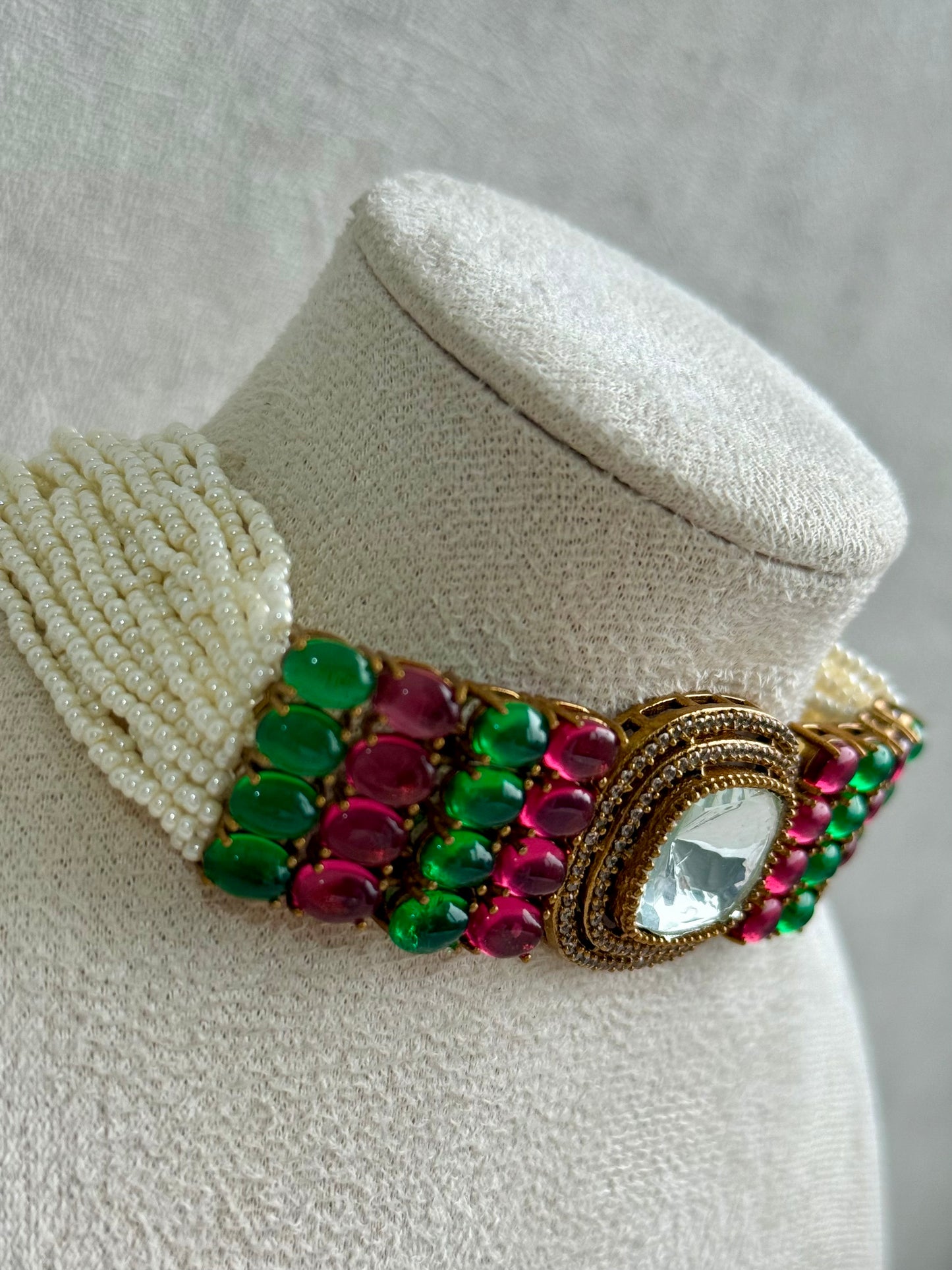Ayura Designs Emma Choker Set – Fuchsia Pink & Emerald Green Gemstone Choker & Studs with Mirror-Cut Centrepiece, Pearl Strands & Crystal Borders