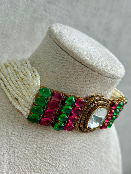 Ayura Designs Emma Choker Set – Fuchsia Pink & Emerald Green Gemstone Choker & Studs with Mirror-Cut Centrepiece, Pearl Strands & Crystal Borders