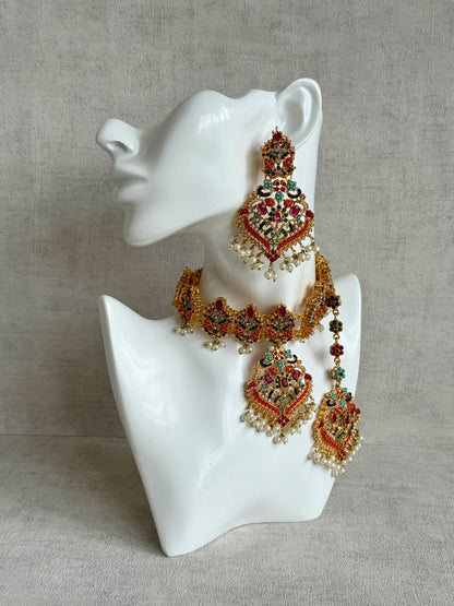 Ayura Designs Itrat Set with Choker, Earrings & Tikka – Antique Gold with Multicolour Stones & Pearl Detailing