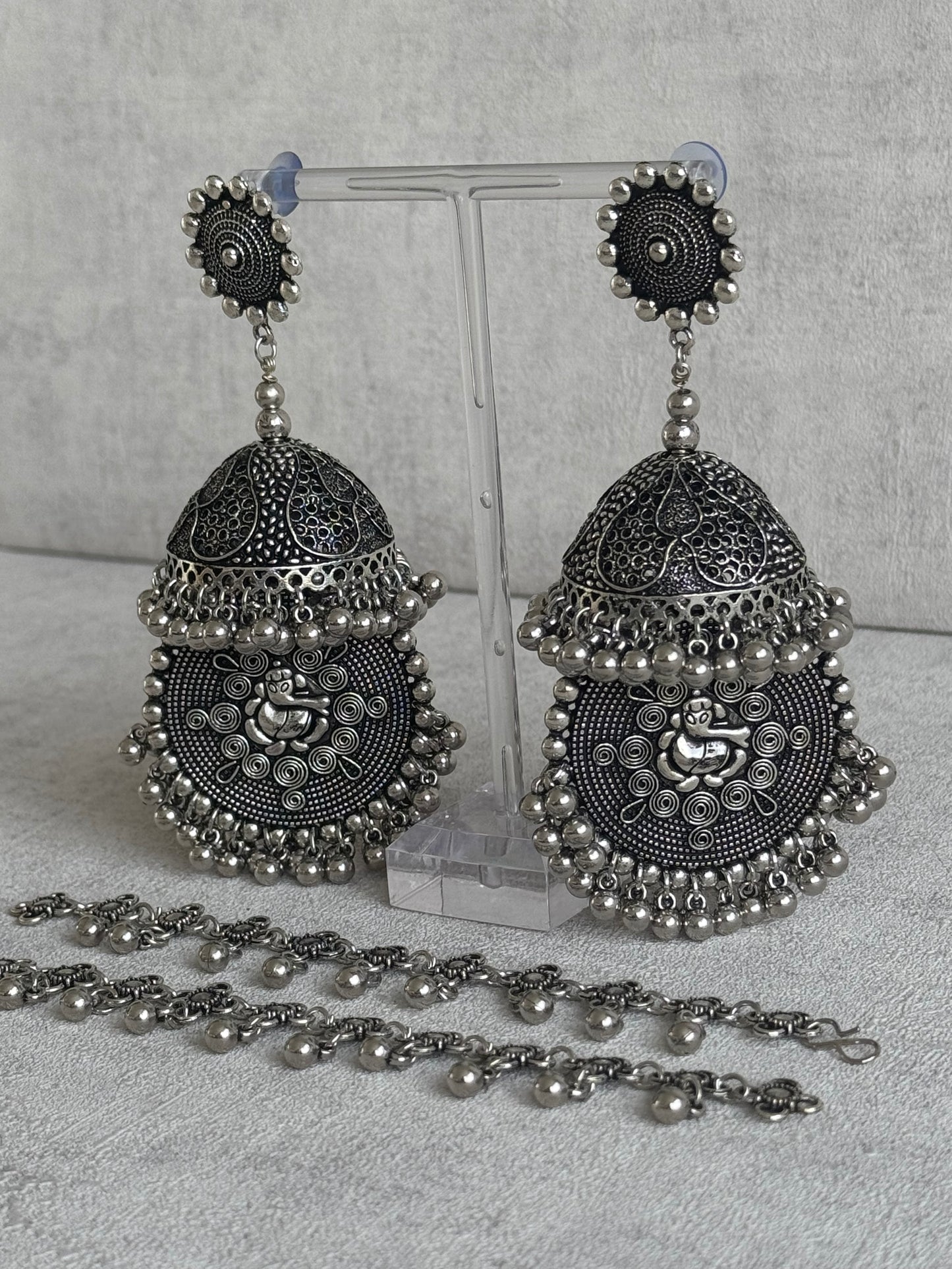 Ayura Designs Kashish Earrings – Oxidised Silver with Lord Ganesh Motif, Dome Jhumkas & Matching Sahare