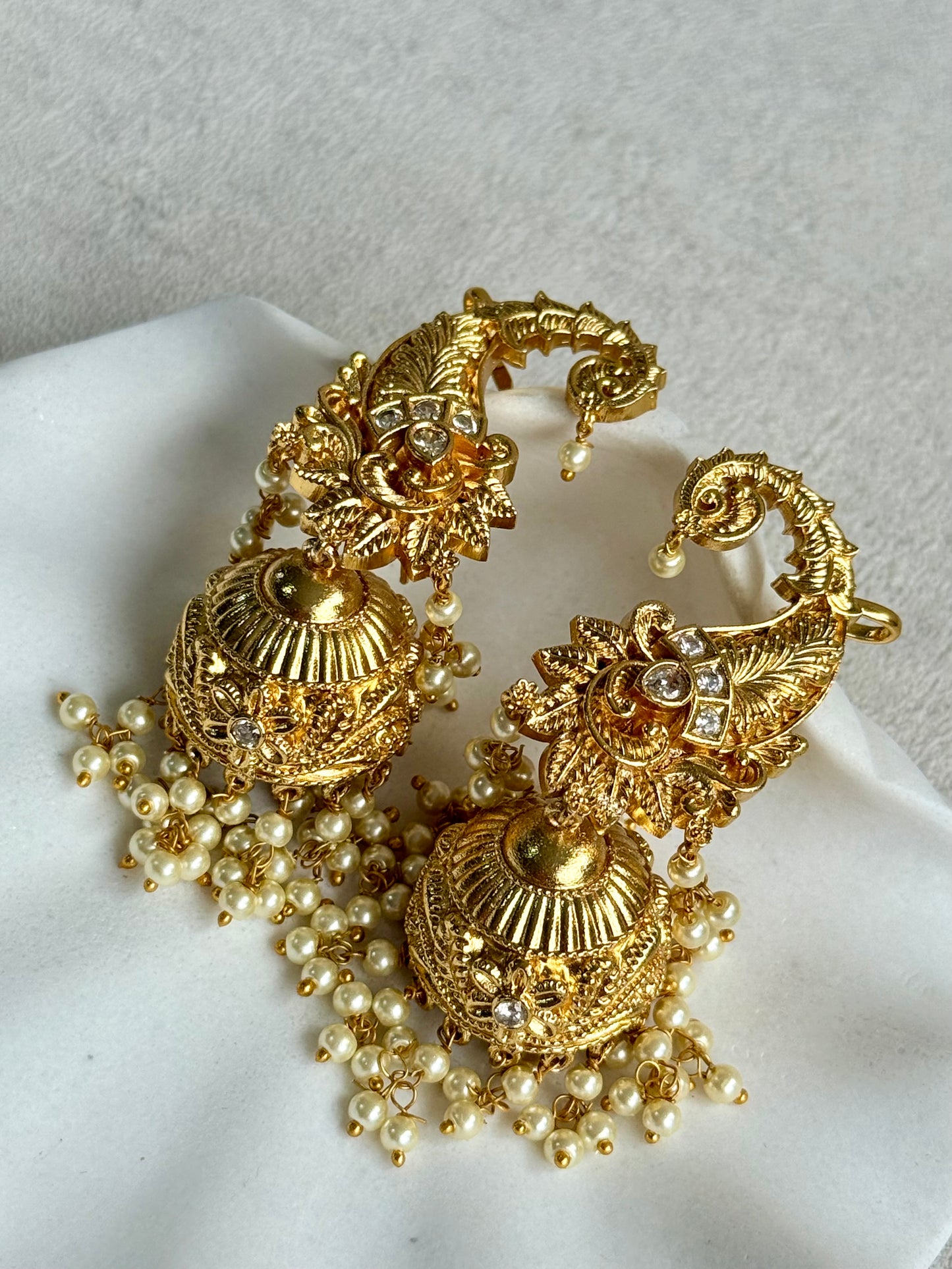 Ayura Designs Anika Jhumkis – Gold Half Ear Cuffs with Floral Motif, Kundan Crystals & Pearl Jhumka Drops