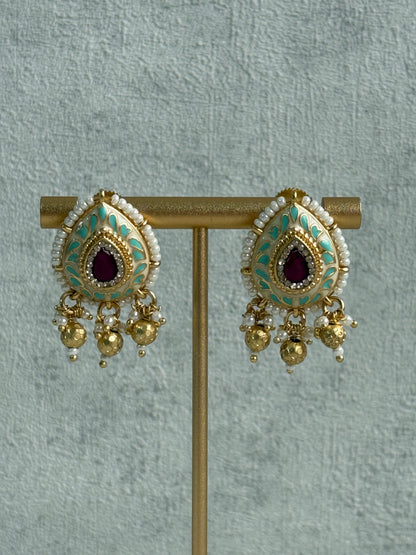 Ayura Designs Aaira Set with Necklace & Studs – Mint Green Meenakari with Rani Pink Centre & Pearl Detailing