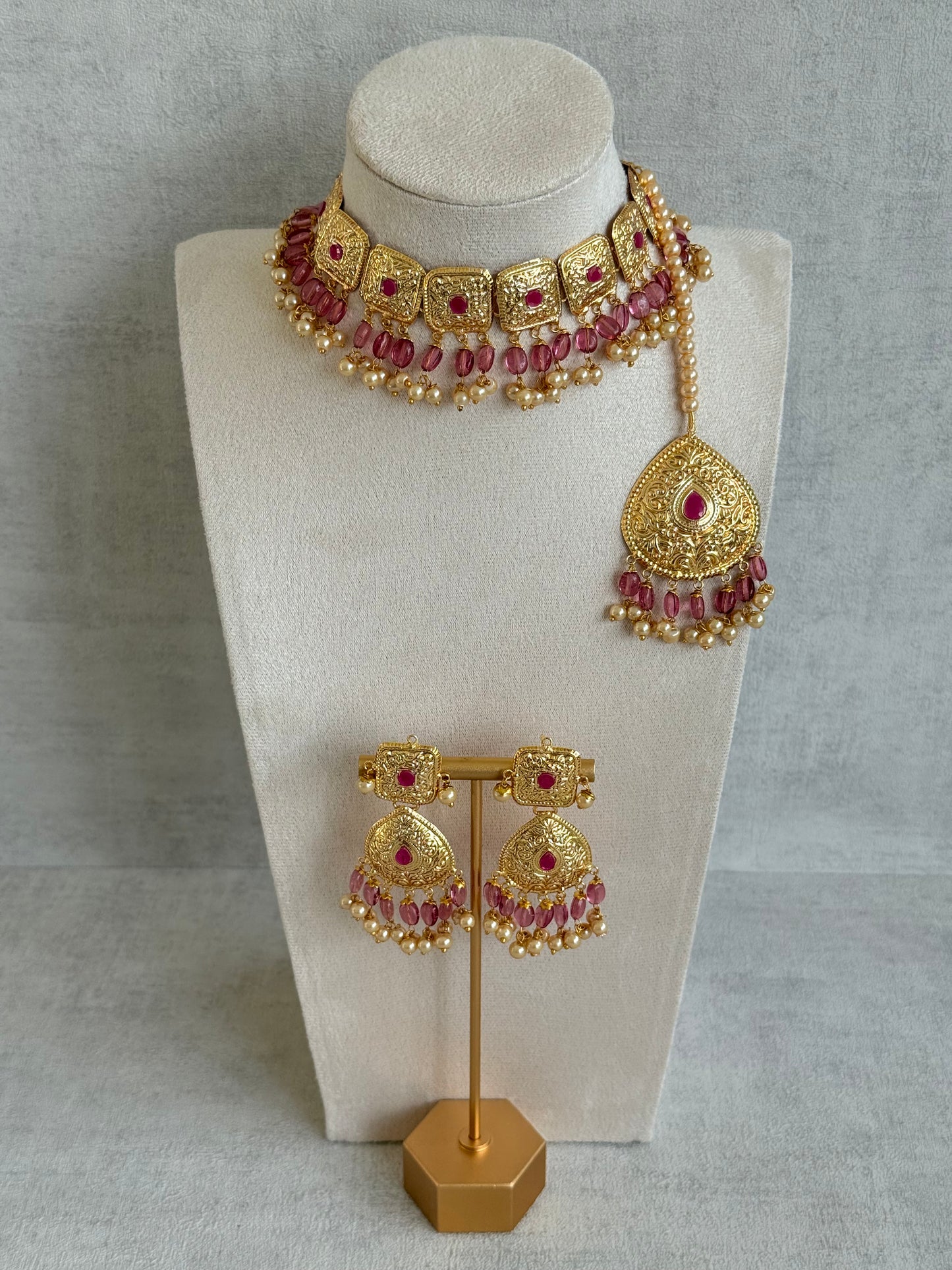 Ayura Designs Chetna Choker Set with Earrings & Tikka – Rani Pink Beads, Cream Pearl Drops with Pipal Patti Detailing