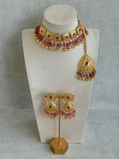 Ayura Designs Chetna Choker Set with Earrings & Tikka – Rani Pink Beads, Cream Pearl Drops with Pipal Patti Detailing