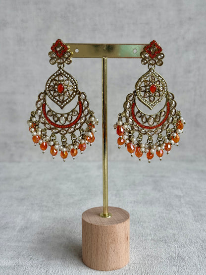 Ayura Designs Jazba Set with Necklace, Jhumkis & Tikka – Antique Gold, Mirror-Cut Stones, Pearl Detailing & Fiery Orange Beads