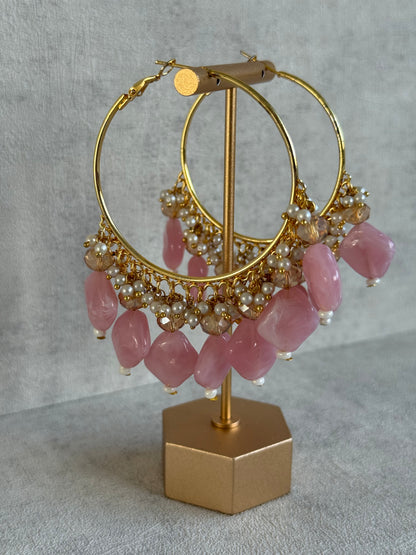 Ayura Designs Heer Balis – Gold Hoops with Baby Pink Marble Beads, Pearls & Crystal Detailing