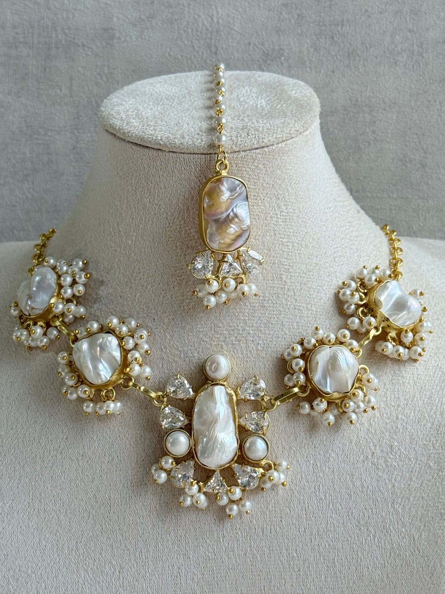 Ayura Designs Niamh Set with Tikka & Earrings - Baroque Pearl, Mother of Pearl & Crystals