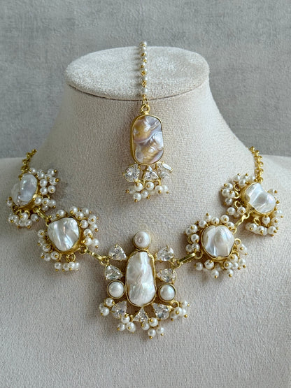 Ayura Designs Niamh Set with Tikka & Earrings - Baroque Pearl, Mother of Pearl & Crystals