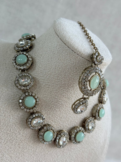 Ayura Designs Eira Necklace Set with Earrings & Tikka – Mint Green & Crystal Stones with Antique Gold Finish