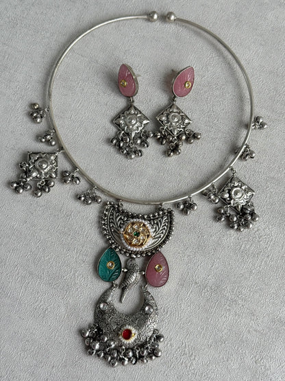 Ayura Designs Jiyana Collar Necklace Set – Blush Pink & Aqua Green Carved Teardrop Stones & Oxidised Silver Finish
