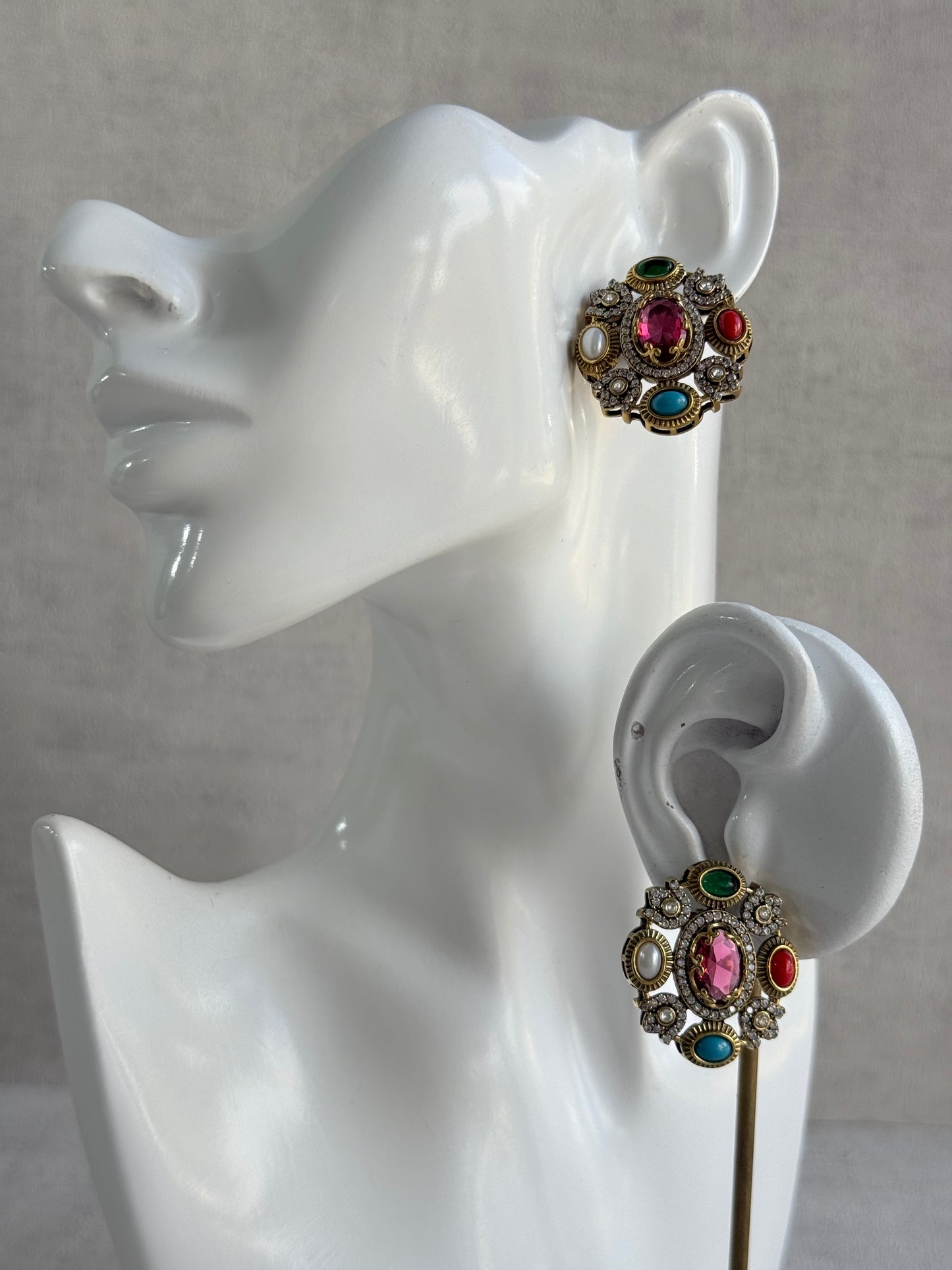Ayura Designs Celia Stud Earrings – Rani Pink & Multicolour Stones with Gold Finish