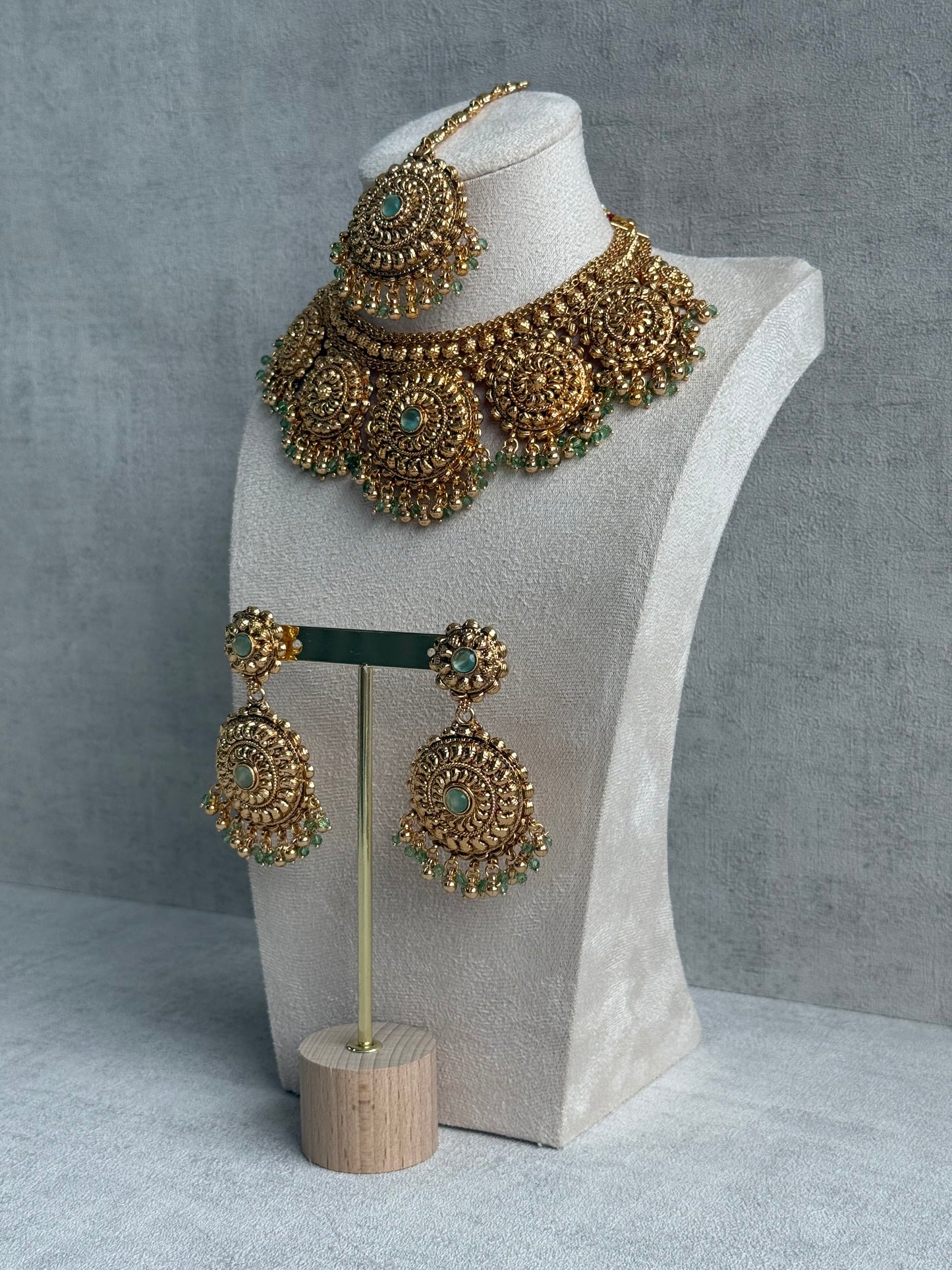Ayura Designs Rummy Set – Statement Necklace, Earrings & Tikka with Pistachio Green Beads and Polished Gold Finish