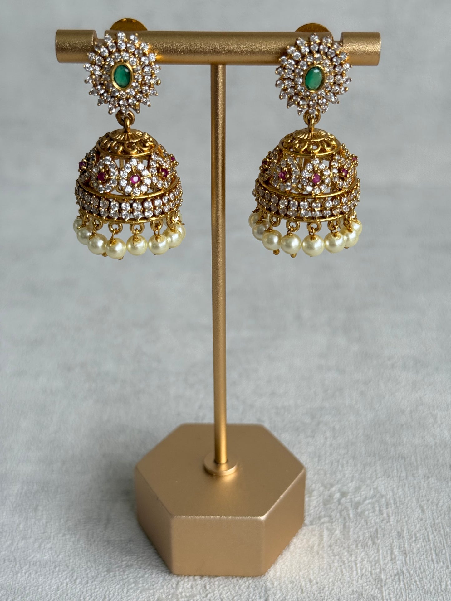 Ayura Designs Ela Jhumkis – Emerald Green Studs with Crystal Floral Jhumkis & Pearl Drops