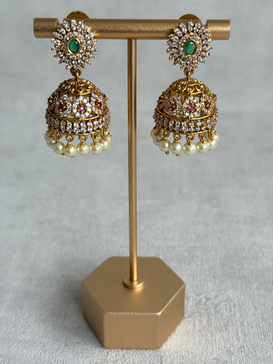 Ayura Designs Ela Jhumkis – Emerald Green Studs with Crystal Floral Jhumkis & Pearl Drops