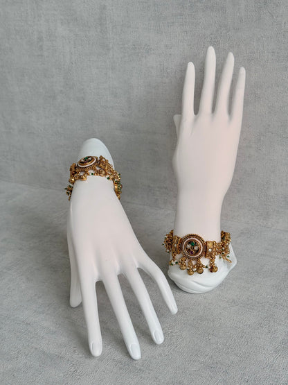 Ayura Designs Pravya Bracelet – Gold Bracelet with Mint, Pink & Green Stones & Ghungroo Detailing