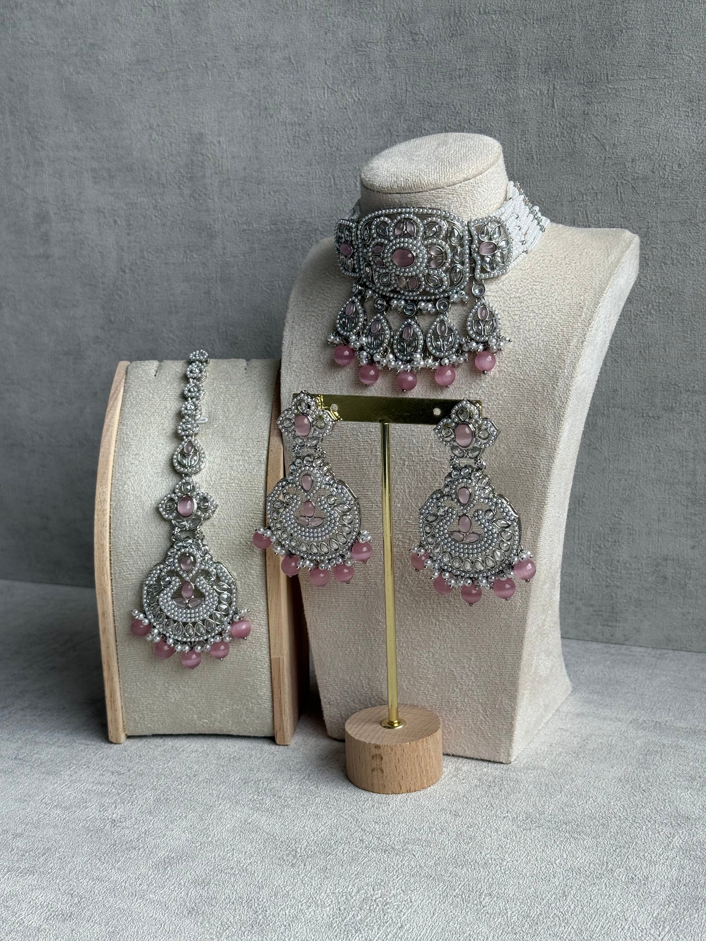 Ayura Designs Zarlish Set – Choker, Earrings & Tikka with Mirror-Cut Stones, Blush Pink Beads & Silver Finish