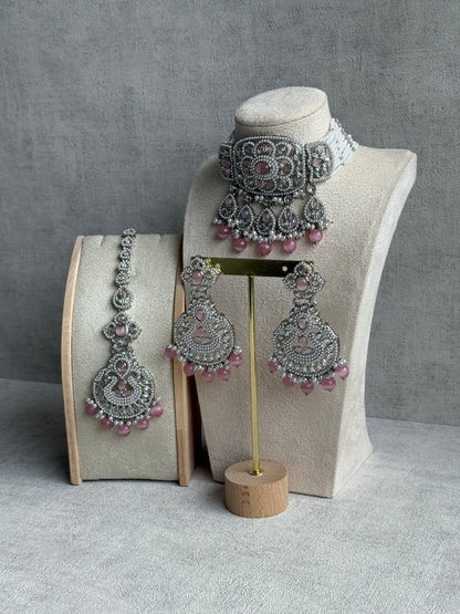 Ayura Designs Zarlish Set – Choker, Earrings & Tikka with Mirror-Cut Stones, Blush Pink Beads & Silver Finish