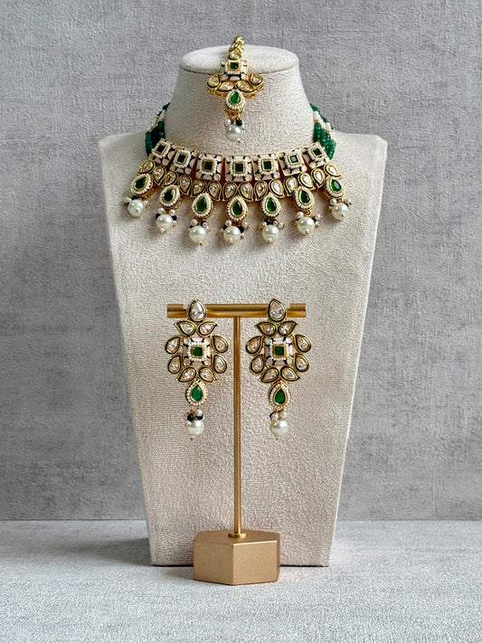 Ayura Designs Jiara Set – Necklace, Earrings & Tikka with Mirror-Cut Stones, Emerald Green & Pearl Detailing