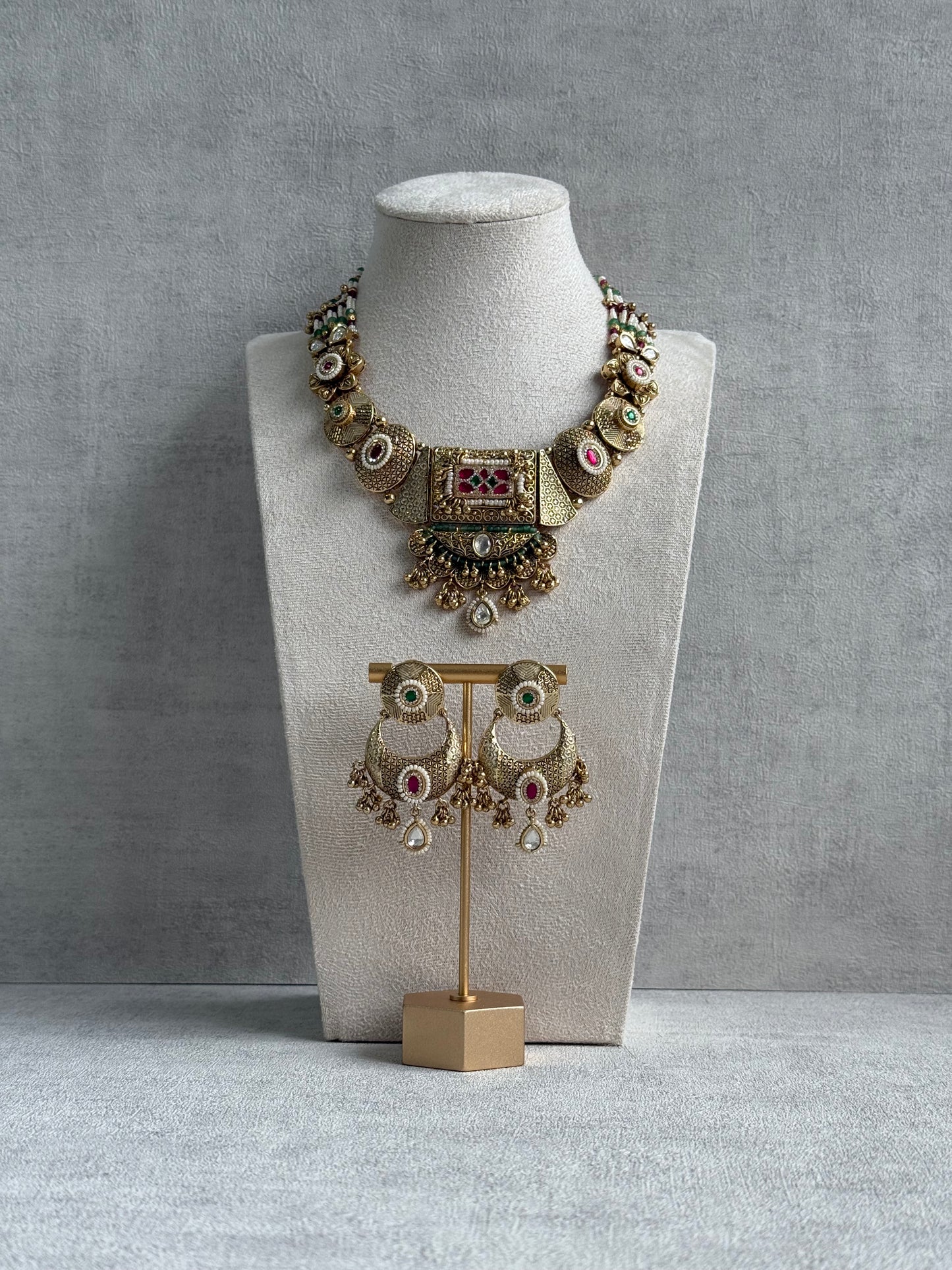 Ayura Designs Purvi Set – Necklace & Earrings with Antique Gold Filigree, Ruby, Emerald & Pearl Detailing