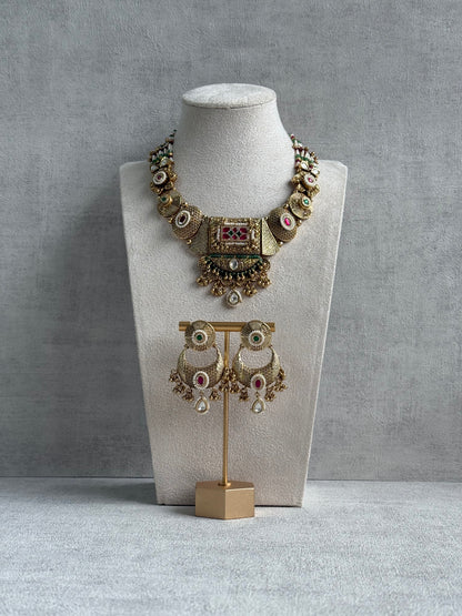 Ayura Designs Purvi Set – Necklace & Earrings with Antique Gold Filigree, Ruby, Emerald & Pearl Detailing