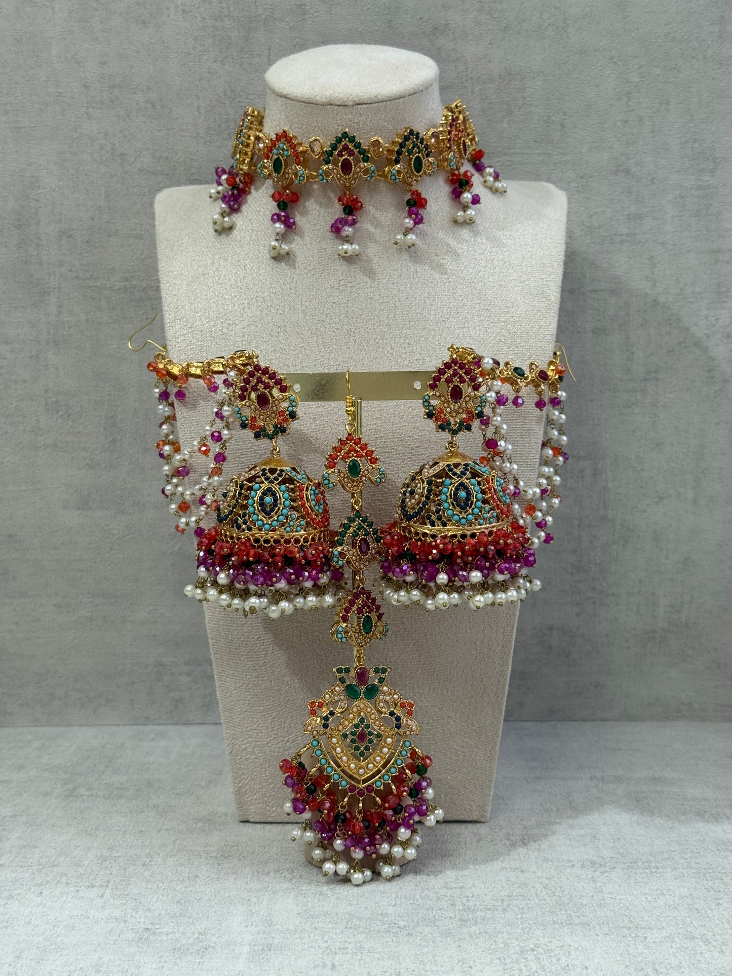 Ayura Designs Noor Set – Choker, Jhumkis with Sahare & Tikka in Multicolour with Pearl Detailing