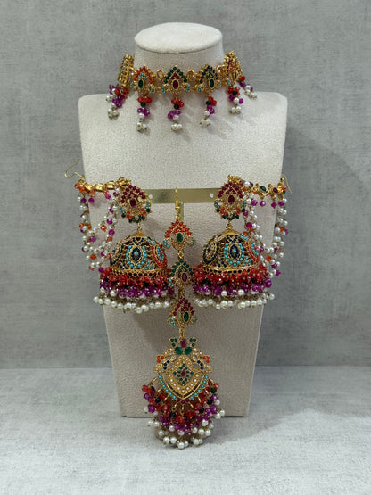Ayura Designs Noor Set – Choker, Jhumkis with Sahare & Tikka in Multicolour with Pearl Detailing