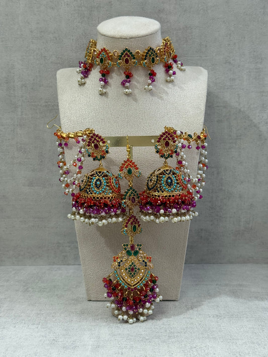 Ayura Designs Noor Set – Choker, Jhumkis with Sahare & Tikka in Multicolour with Pearl Detailing