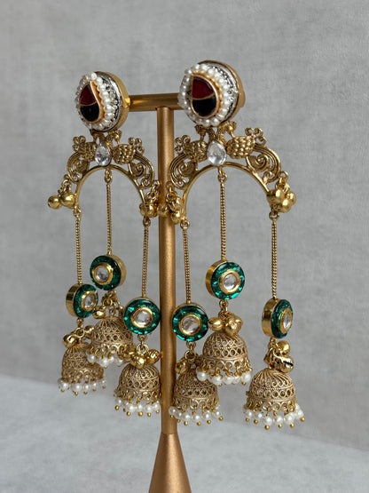 Ayura Designs Arzina Earrings – Triple Jhumki Earrings with Emerald Green Stones, Pearl Borders & Gold Detailing
