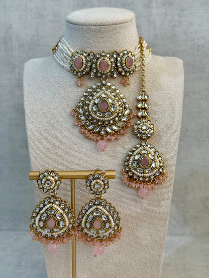 Ayura Designs Tehreem Set with Necklace, Earrings & Tikka – Mirror-Cut Stones, Ruby Red Beads & Antique Gold Finish