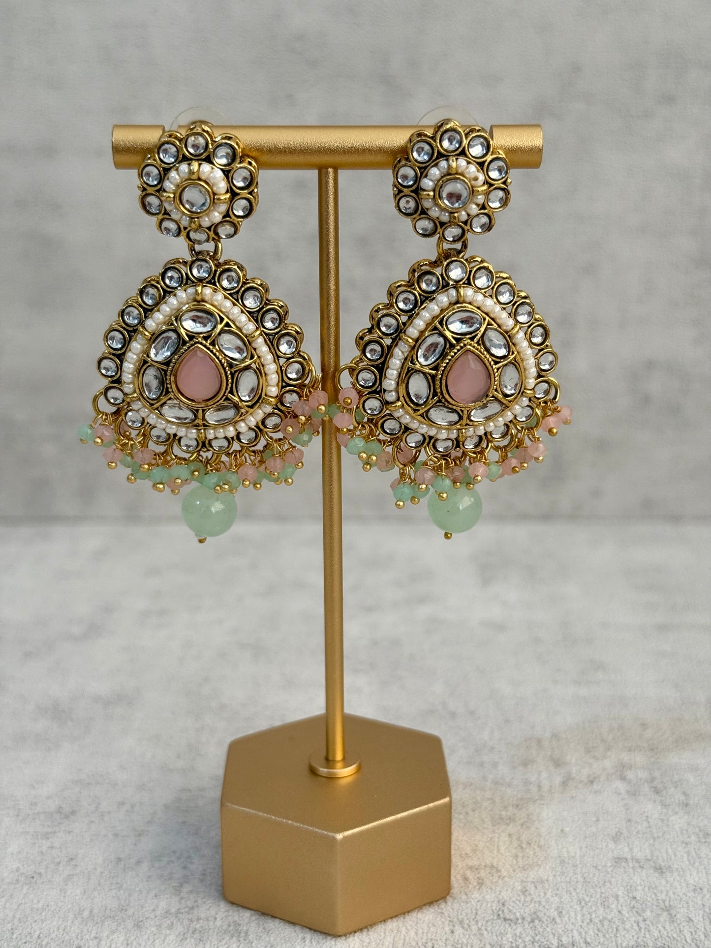 Ayura Designs Tehreem Set with Necklace, Earrings & Tikka – Mirror-Cut Stones, Mint Green & Pink Beads & Antique Gold Finish