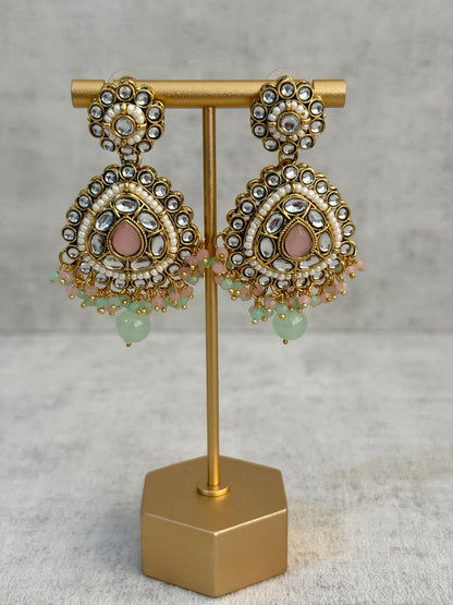 Ayura Designs Tehreem Set with Necklace, Earrings & Tikka – Mirror-Cut Stones, Mint Green & Pink Beads & Antique Gold Finish