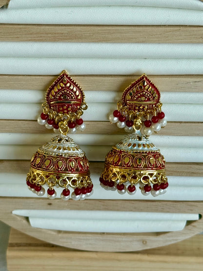 Ayura Designs Jogan Jhumkis – Red & White Beads with Antique Gold Detailing