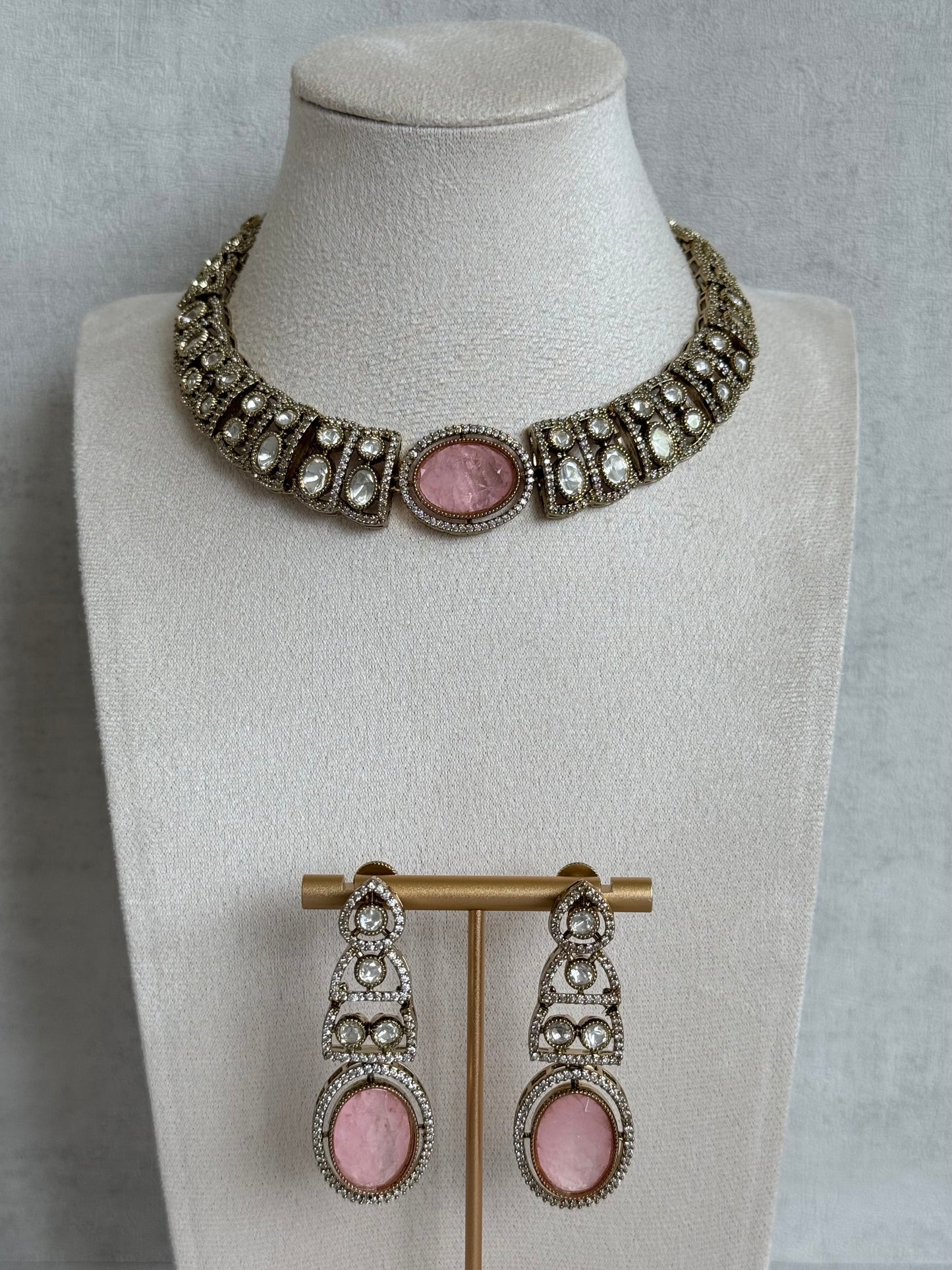 Ayura Designs Sadie Necklace Set with Earrings – Blush Pink Centre Stone, Moissanite Style Stones & Crystal Halo Detailing