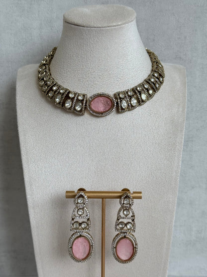 Ayura Designs Sadie Necklace Set with Earrings – Blush Pink Centre Stone, Moissanite Style Stones & Crystal Halo Detailing