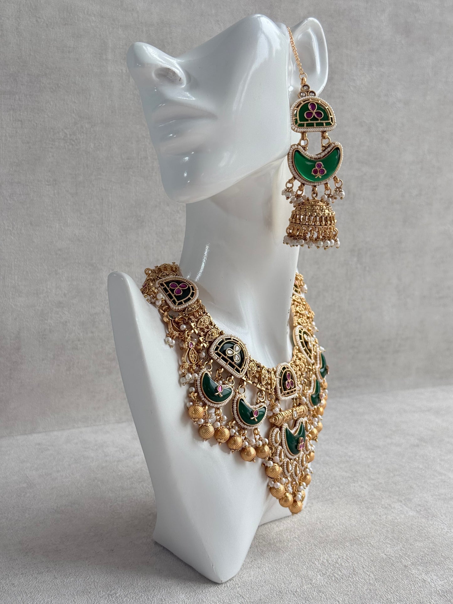 Ayura Designs Tafiza Necklace Set with Sahare Jhumki Earrings & Tikka – Emerald Green, Rani Pink, Kundan, Pearls & Antique Gold Finish