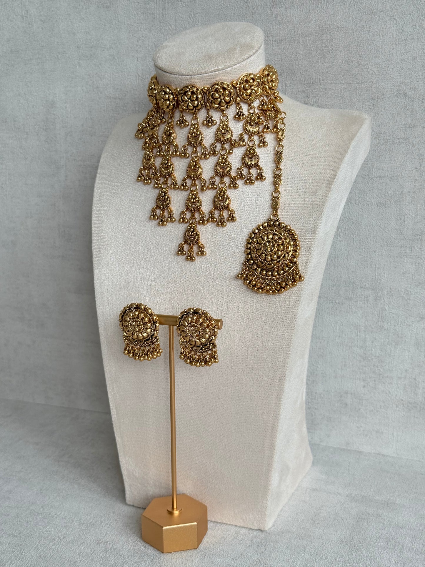 Ayura Designs Kimaya Choker Set with Earrings & Tikka – Gold Floral Waterfall Choker with Ghungroo Drops
