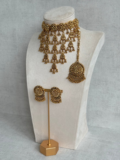 Ayura Designs Kimaya Choker Set with Earrings & Tikka – Gold Floral Waterfall Choker with Ghungroo Drops