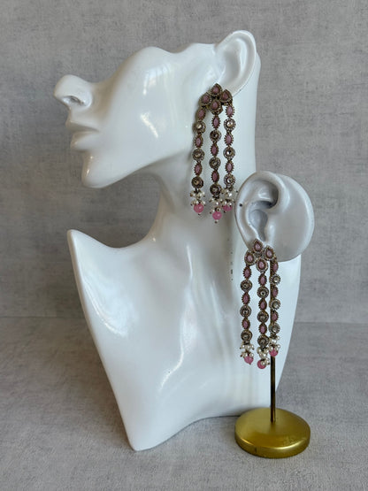 Ayura Designs Emilia Earrings – Gold Triple Strand Statement Earrings with Blush Pink Stones & Pearl Drops