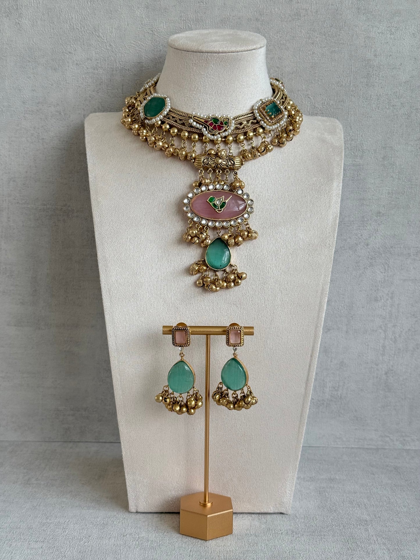 Ayura Designs Ahista Necklace Set with Earrings – Statement Pendant Necklace with Pink & Aqua Green Cat Eye Stones, Pearl Detailing & Ghungroo Accents