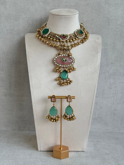 Ayura Designs Ahista Necklace Set with Earrings – Statement Pendant Necklace with Pink & Aqua Green Cat Eye Stones, Pearl Detailing & Ghungroo Accents