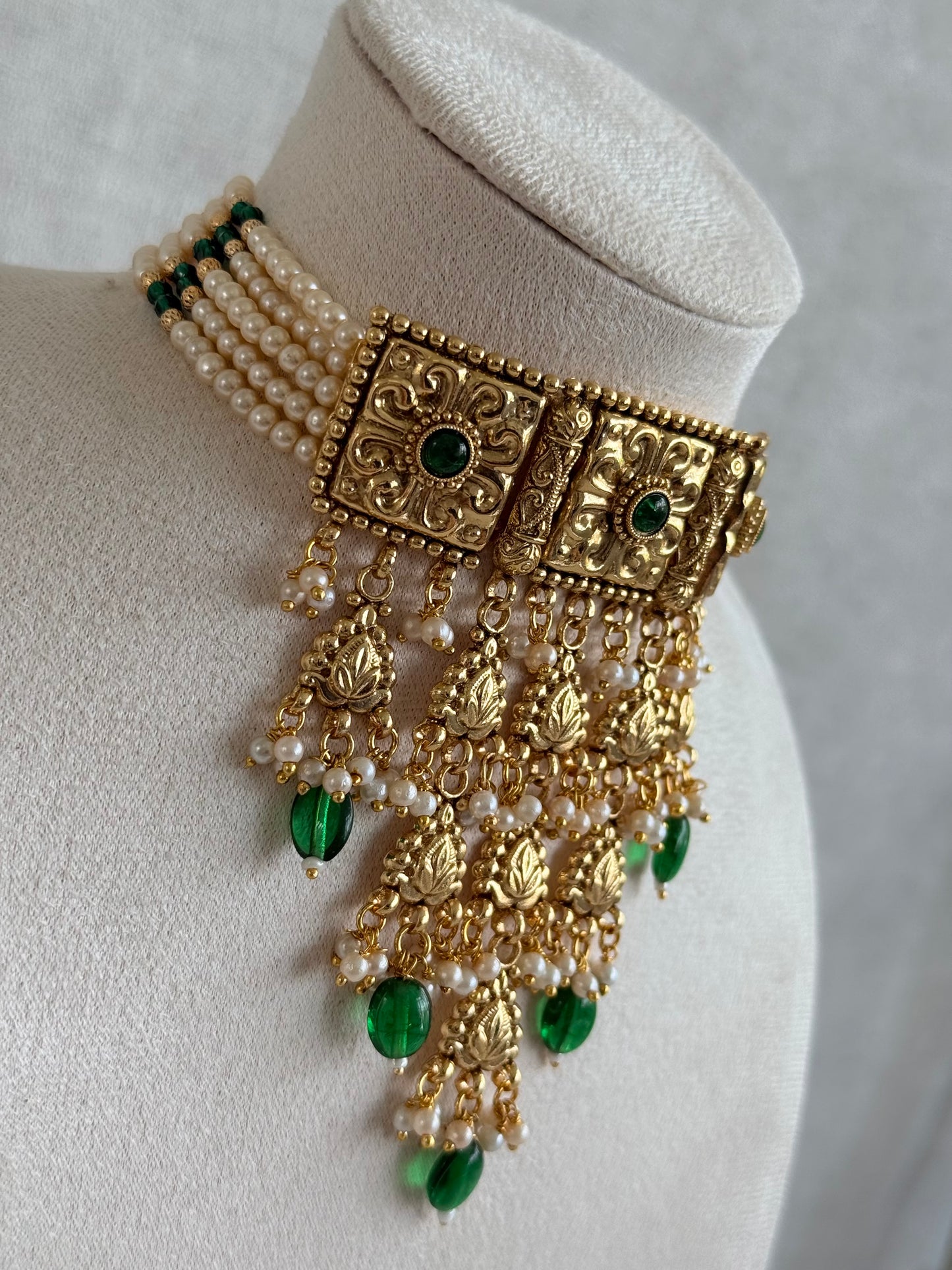 Ayura Designs Nimrah Choker Set with Earrings & Tikka – Emerald Green Gold Tone Waterfall Jewellery Set